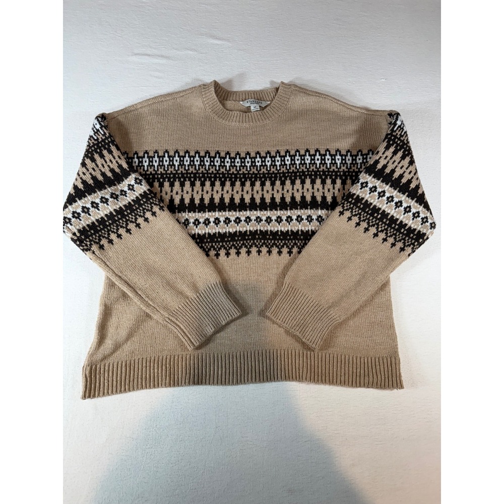 Standard Surplus Mens Tan Brown Fair Isle Crewneck Cozy Winter Sweater Medium